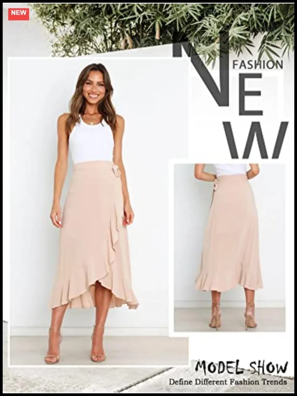 Women's Ruffle Wrap Midi Skirt Boho High Low Asymmetrical Tie Waist Flowy Dance